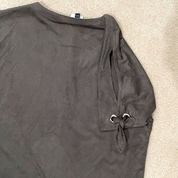 Raffinalla Womens Short Sleeve Micro Suede Top Gray Sz 2 Tie Grommet Round Neck - Picture 6 of 11